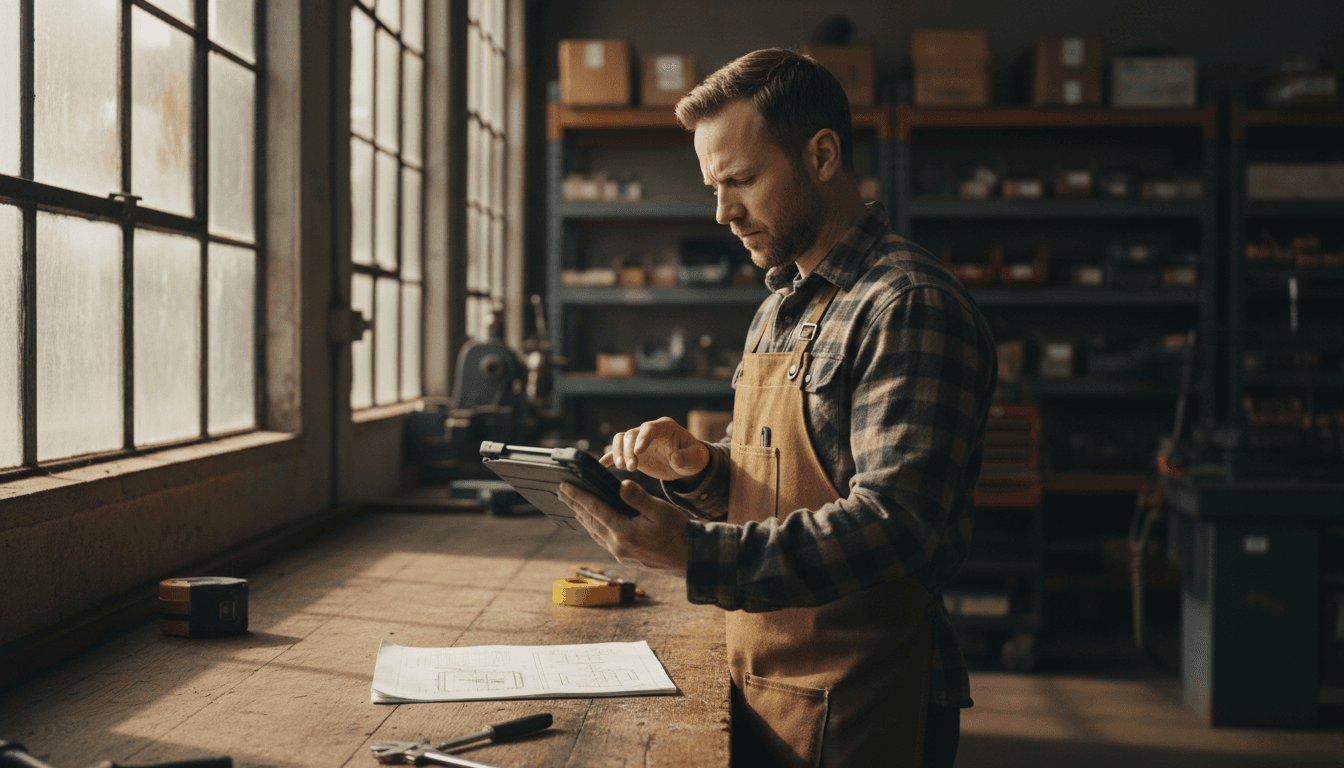 Tradesman reviewing technical blueprints on tablet at workshop workbench
