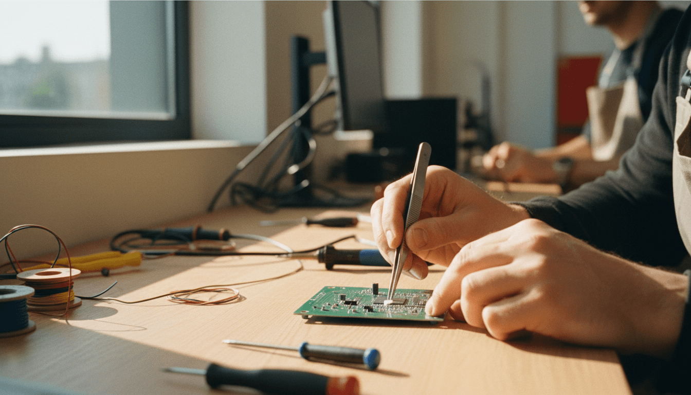 Hands working on technical equipment in a modern training setting